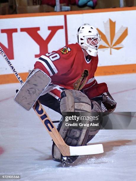 Alain Chevrier of the Chicago Black Hawks skates against the Toronto Maple Leafs during NHL game action on December 23, 1989 at Maple Leaf Gardens in...