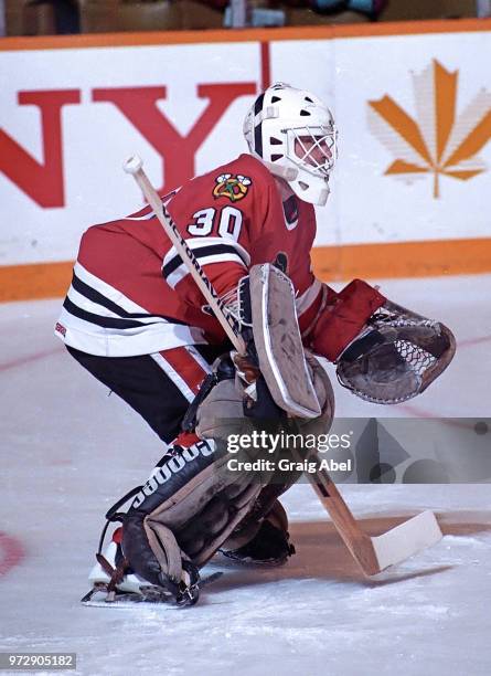 Alain Chevrier of the Chicago Black Hawks skates against the Toronto Maple Leafs during NHL game action on December 23, 1989 at Maple Leaf Gardens in...