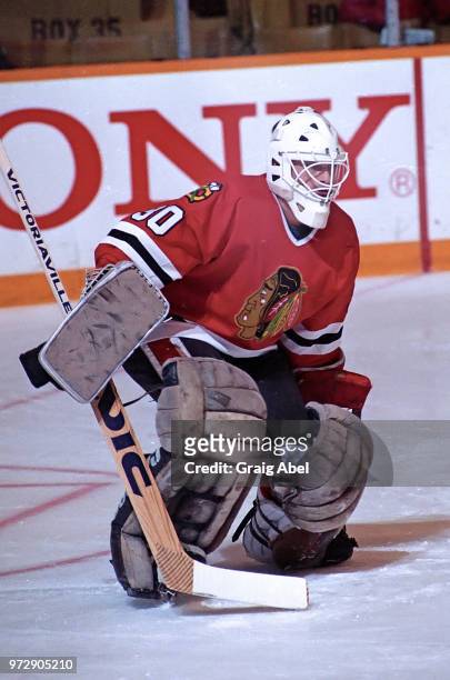 Alain Chevrier of the Chicago Black Hawks skates against the Toronto Maple Leafs during NHL game action on December 23, 1989 at Maple Leaf Gardens in...