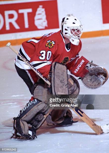 Alain Chevrier of the Chicago Black Hawks skates against the Toronto Maple Leafs during NHL game action on January 15, 1990 at Maple Leaf Gardens in...