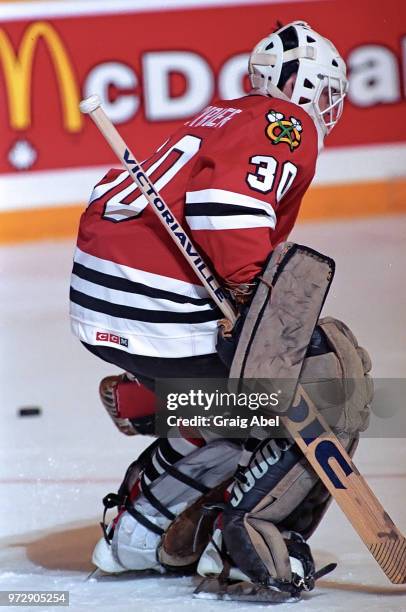 Alain Chevrier of the Chicago Black Hawks skates against the Toronto Maple Leafs during NHL game action on January 15, 1990 at Maple Leaf Gardens in...