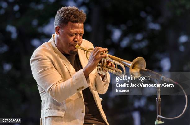 American jazz musician Keyon Harrold performs on trumpet with the Gregory Porter Septet at a concert in the Blue Note Jazz Festival at Central Park...