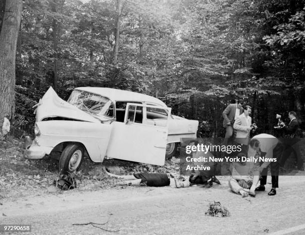 Mara Scherbatoff, correspondent for a Paris picture magazine, and Ira Slade lie critically injured after crashing into a tree while pursuing Marilyn...