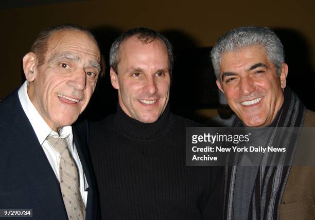 Seth Isler is flanked by fellow actors Abe Vigoda and Frank Vincent at a party for the play "The Godfadda Workout: a Parody In Twelve Rounds" at...
