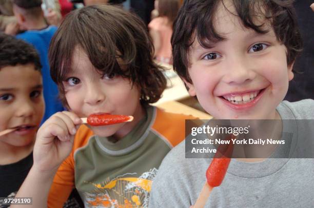 Seven-year-olds Elijah Wesk and Lucas Hoye enjoy the Popsicles that Schools Chancellor Joel Klein brought to the students on the last day of classes...