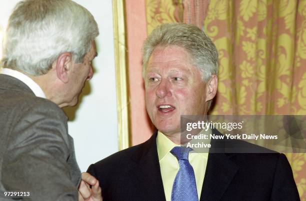 Former President Bill Clinton is interviewed by Marvin Kalb, of the Shorenstein Center on the Press, during a luncheon at the Plaza Hotel.