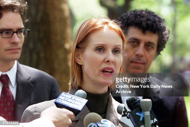 Sex and the City star Cynthia Nixon is flanked by Robert Sean Leonard and Eric Bogosian as she speaks at news conference in City Hall Park. She and...