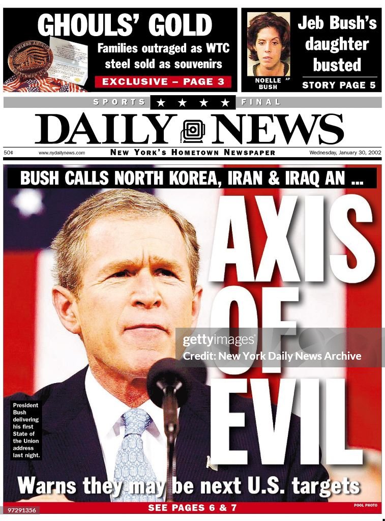 Daily News front page 1/30/02, BUSH CALLS NORTH KOREA, IRAN