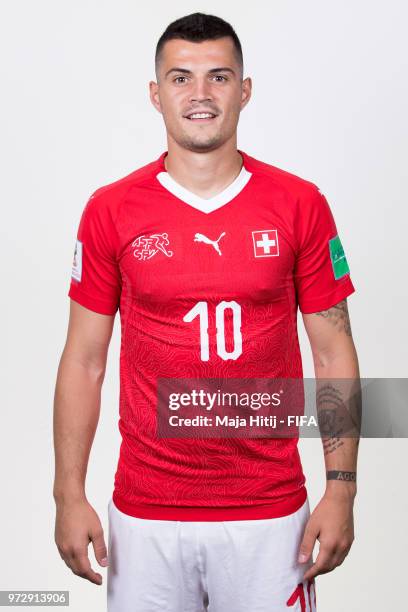 Granit Xhaka of Switzerland poses for a portrait during the official FIFA World Cup 2018 portrait session at the Lada Resort on June 12, 2018 in...