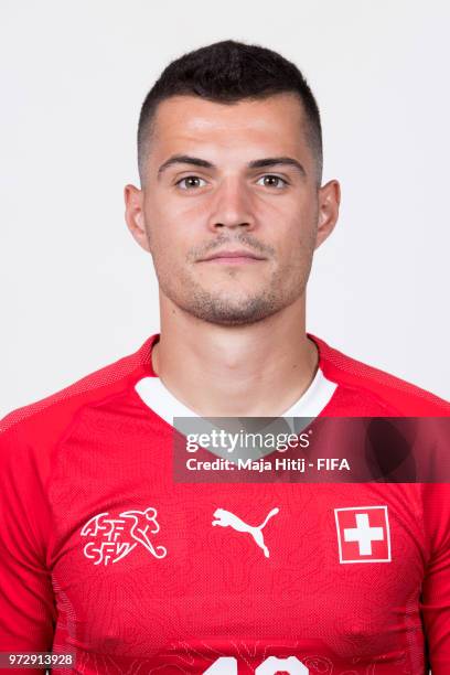 Granit Xhaka of Switzerland poses for a portrait during the official FIFA World Cup 2018 portrait session at the Lada Resort on June 12, 2018 in...