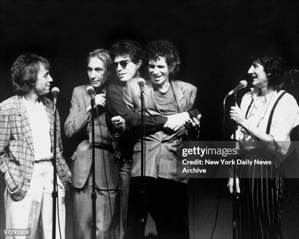 The Rolling Stones Bill Wyman, Charlie Watts, Mick Jagger, Keith Richards and Ron Wood at Grand Central Terminal speaking with reporters about...