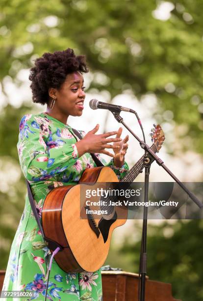 American Soul and Folk musician Victory Boyd plays guitar as she performs, with her band, at the Blue Note Jazz Festival at Central Park SummerStage,...