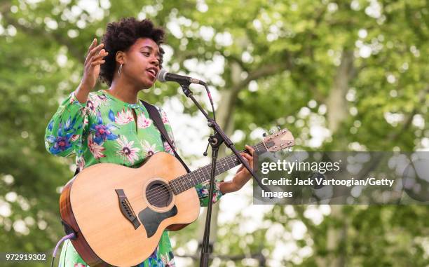 American Soul and Folk musician Victory Boyd plays guitar as she performs, with her band, at the Blue Note Jazz Festival at Central Park SummerStage,...