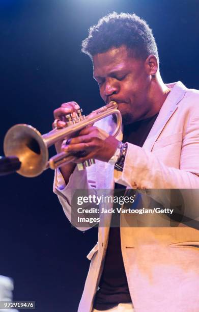 American jazz musician Keyon Harrold performs on trumpet with the Gregory Porter Septet at a concert in the Blue Note Jazz Festival at Central Park...