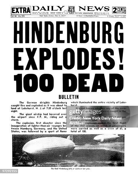 Daily News front page May 7, 1937 Headline: HINDENBURG EXPLODES! 100 DEAD