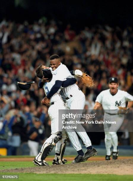 New York Yankees' Dwight "Doc" Gooden celebrates after throwing no-hitter against Seattle Mariners.