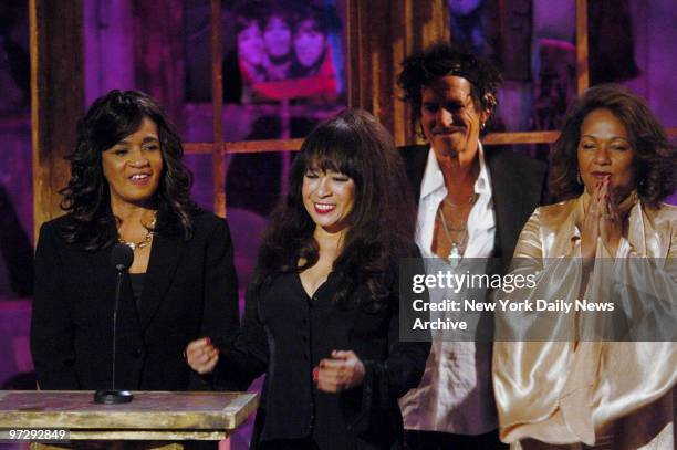 The Ronettes - Ronnie Spector , Estelle Bennet and Nedra Talley - are onstage at the Waldorf Astoria hotel where they were inducted into the Rock and...