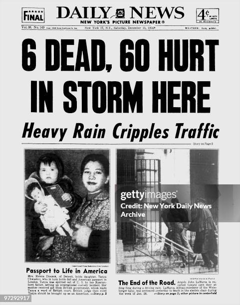 Daily News front page dated Dec. 15 Headlines: 6 DEAD, 60 HURT IN STORM HERE, Heavy Rain Cripples Traffic, The End of The Road...Angelo John LaMarca...