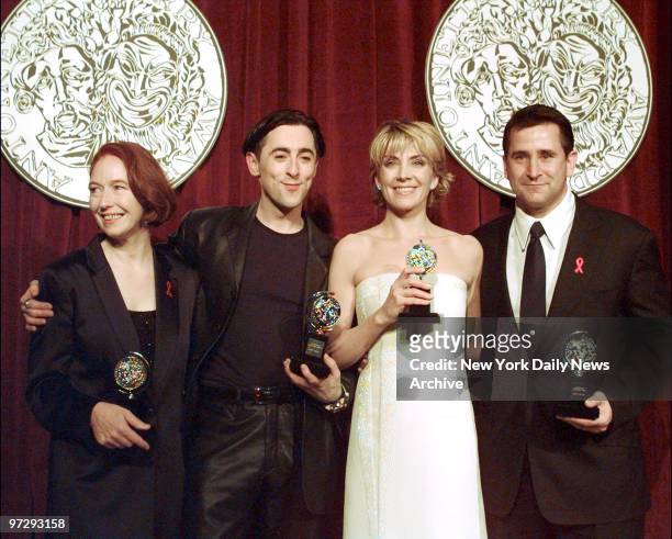 Marie Mullen, Alan Cumming, Natasha Richardson, and Anthony LaPaglia hold their Tonys at the 1998 Tony Awards ceremonies at Radio City Music Hall....