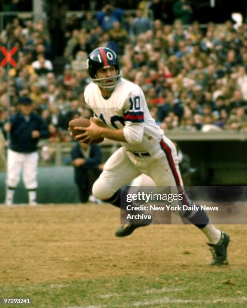 The Scrambler Fran Tarkenton of the N.Y. Giants rolls out aginst the N.Y. Jets at Yankee Stadium.