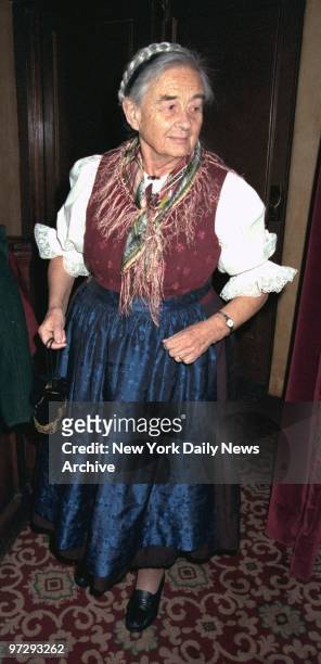 Maria von Trapp arrives for opening night of "The Sound of Music" at the Martin Beck Theater. A party was held to celebrate the 85th birthday of...