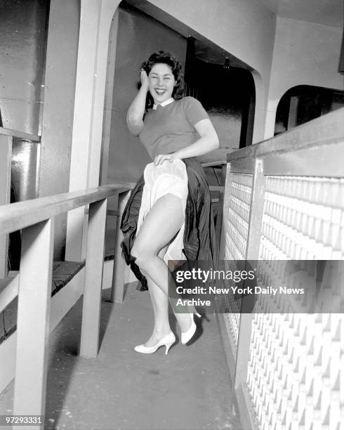 Carol Dapolito gets her skirt blown up at fun house in Palisades Amusement Park, N.J..