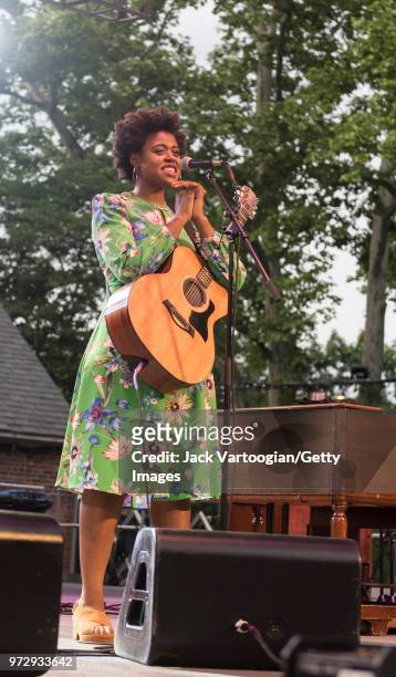 American Soul and Folk musician Victory Boyd plays guitar as she performs, with her band, at the Blue Note Jazz Festival at Central Park SummerStage,...