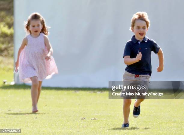 Prince George of Cambridge and Princess Charlotte of Cambridge attend the Maserati Royal Charity Polo Trophy at the Beaufort Polo Club on June 10,...