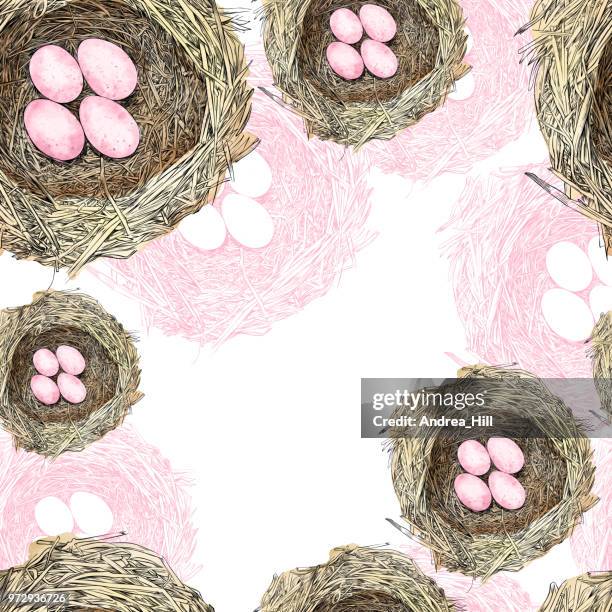 bird nest with eggs pen and ink vector seamless pattern - easter nest stock illustrations