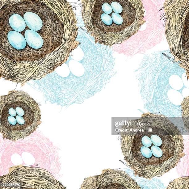 bird nest with eggs pen and ink vector seamless pattern - easter nest stock illustrations
