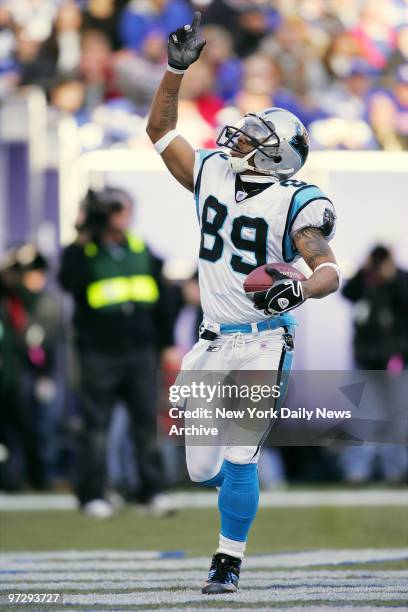 Carolina Panthers' wide receiver Steve Smith celebrates a touchdown during the NFC wild-card playoff game against the New York Giants at Giants...