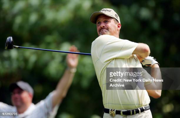 Jerry Kelly of the U.S. Watches his tee shot on the third hole during third round play of the 87th PGA Championship at Baltusrol Golf Club in...