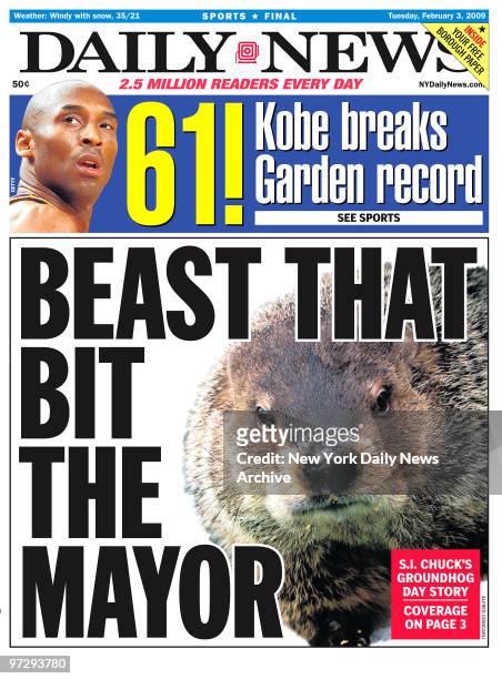 Daily News front page February 3 Headline: BEAST THAT BIT THE MAYOR, S.I. Chuck's Groundhog Day Story, Mayor Bloomberg