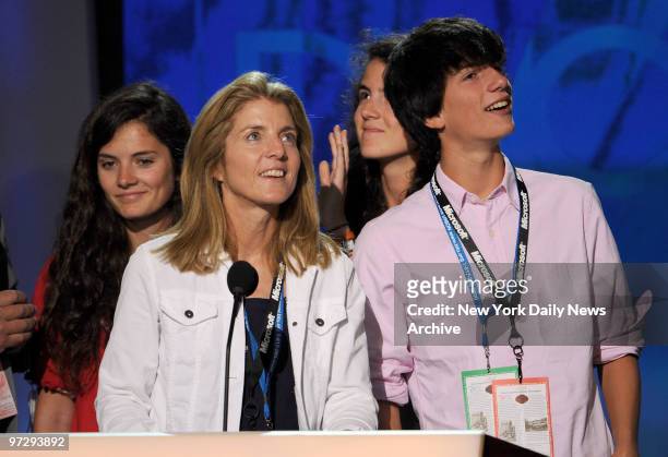 Caroline Kennedy and her family, daughters: Rose, Tatiana and son James Schlossberg on stage during rehearsals at the Pepsi Center before the start...