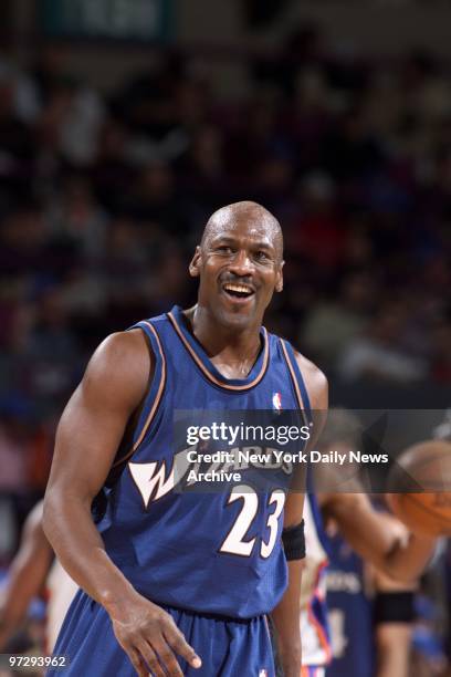 The Washington Wizards' Michael Jordan is all smiles in the first half at Madison Square Garden. Jordan, in what was being called his farewell...