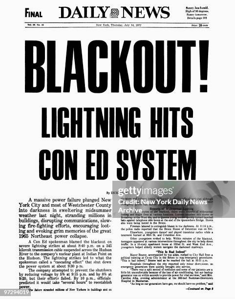 Daily News front page July 14 Headlines: BLACKOUT! Lightning Hits Con Ed System, 1977 blackout power failure