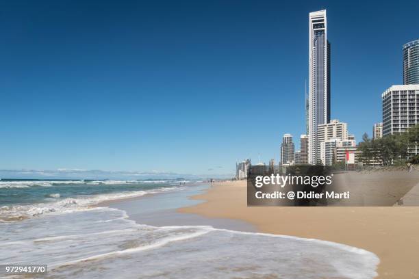 surfers paradise beach on a sunny summer day with the skyline on the gold coast in queensland, australia. - gold coast skyline stock pictures, royalty-free photos & images