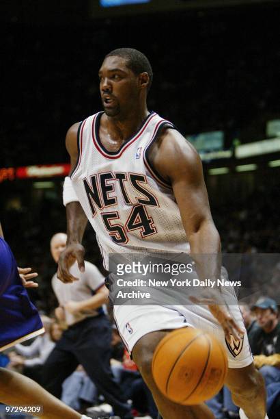 New Jersey Nets' Rodney Rogers works his way to the basket during game action against the Los Angeles Lakers at Continental Airlines Arena. The Nets...