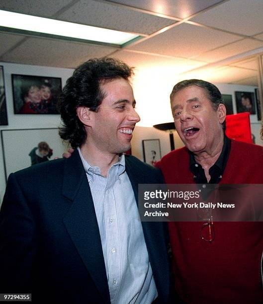 Jerry Seinfeld visits Jerry Lewis backstage at the Broadway production of "Damn Yankees." Lewis is starring in the play.
