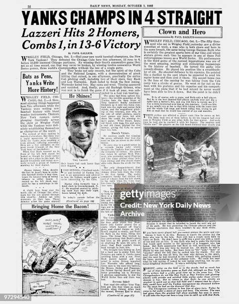 Daily News page 34 dated Oct. 3 Headlines: YANKS CHAMPS IN 4 STRAIGHT, Lazzeri Hits 2 Homers, Combs 1, in 13-6 Victory, Tony Lazzeri, Babe Ruth...
