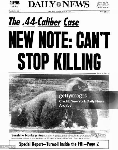 Daily News front page June 3 Headline: The .44-Caliber Case, NEW NOTE: CAN'T STOP KILLING, Son of Sam David Berkowitz