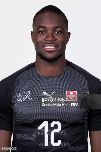 Yvon Mvogo of Switzerland poses for a portrait during the official FIFA World Cup 2018 portrait session at the Lada Resort on June 12, 2018 in...