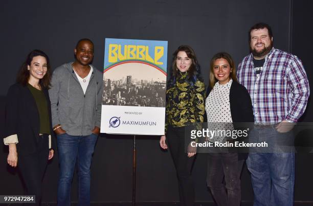Alison Becker, Keith Powell, Eliza Skinner, Cristela Alonzo, and Mike Mitchell pose for portrait at the MaximumFun.org Comedy Podcast photo call at...