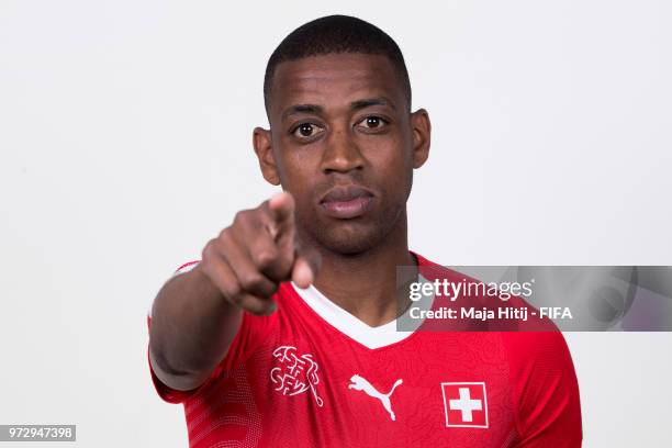 Gelson Fernandes of Switzerland poses for a portrait during the official FIFA World Cup 2018 portrait session at the Lada Resort on June 12, 2018 in...