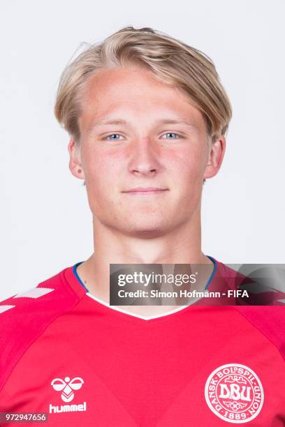 Kasper Dolberg of Denmark poses during official FIFA World Cup 2018 portrait session on June 12, 2018 in Anapa, Russia.