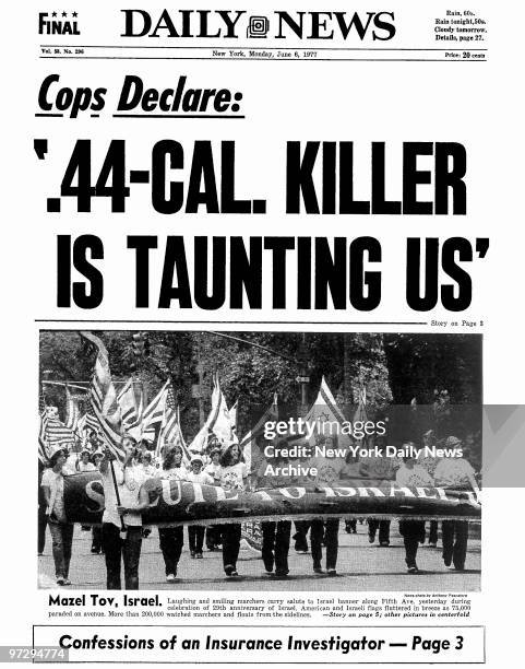 Daily News front page June 6, 1977 Headline: Cops Declare: '.44-CAL. KILLER IS TAUNTING US' Son of Sam David Berkowitz