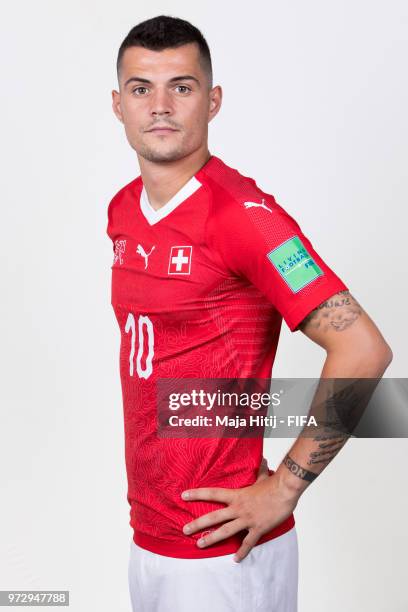 Granit Xhaka of Switzerland poses for a portrait during the official FIFA World Cup 2018 portrait session at the Lada Resort on June 12, 2018 in...