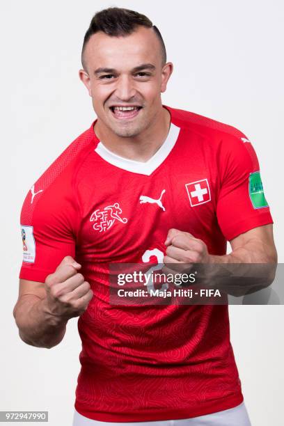 Xherdan Shaqiri of Switzerland poses for a portrait during the official FIFA World Cup 2018 portrait session at the Lada Resort on June 12, 2018 in...