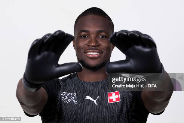 Yvon Mvogo of Switzerland poses for a portrait during the official FIFA World Cup 2018 portrait session at the Lada Resort on June 12, 2018 in...