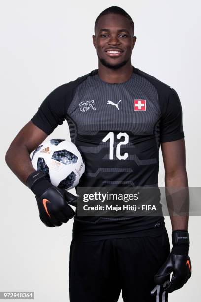 Yvon Mvogo of Switzerland poses for a portrait during the official FIFA World Cup 2018 portrait session at the Lada Resort on June 12, 2018 in...